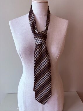 Simon Chang Brown and Gold Checkerboard Silk Tie